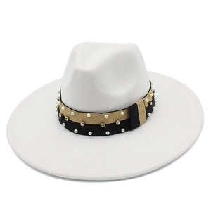 Elegant Wide Brim Fedora Hat Cotton Polyester Felt Jazz Hat With Artificial Pearl Rhinestone Band Women Men Fashion Accessories