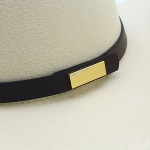 Classic beige wool fedora hat with a premium dark brown leather band and gold buckle