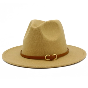 Close-up of khaki wool fedora hat featuring a brown leather belt with gold double-ring buckle