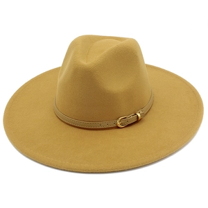 Detail of khaki wool fedora hat featuring a thin faux leather belt and gold buckle