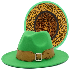 Green Fedora hat with leopard print lining and brown leather belt for men and women