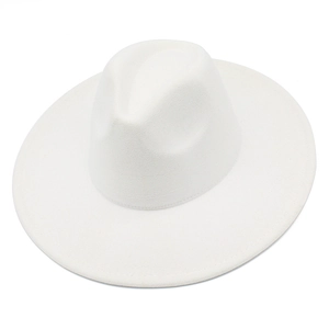 Vue de dessus d'un chapeau fedora blanc en laine à large bord avec couronne jazz