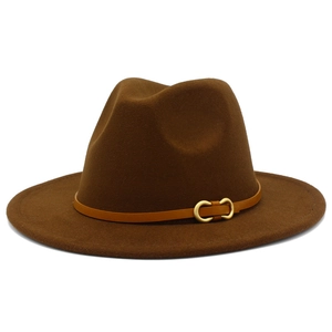 Close-up of wool felt fedora showing brown leather band and golden metal ring buckle