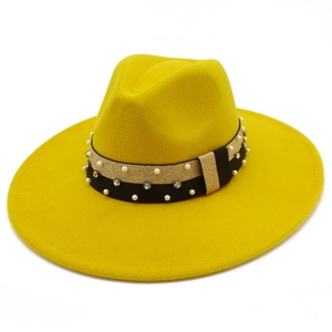 Fashionable bright yellow wide brim fedora hat with elegant pearl and rhinestone ribbon