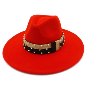Red wool wide brim fedora hat with elegant pearl and rhinestone band decoration