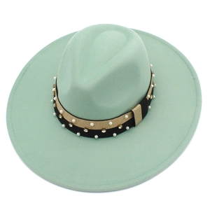 Detail of mint green fedora with 9.5cm brim featuring a pearl and diamond band trim