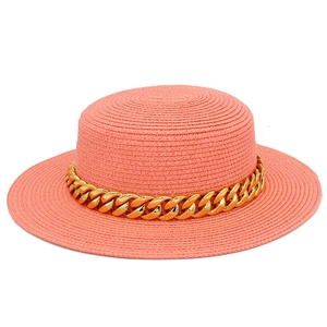 Chapeau de soleil en paille rose corail avec chaîne dorée pour femme, style plage d'été