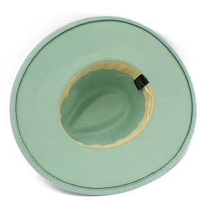 Detail of mint green wide brim fedora hat showing internal cotton blend sweatband and stitching