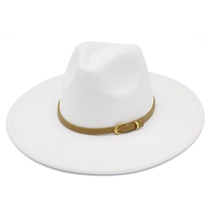 Detail view of white wool fedora with light brown leather band and gold buckle