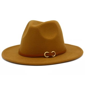Close-up of camel wool fedora hat featuring a brown leather band and gold metal buckle