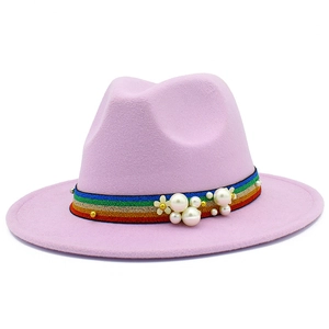 Elegant pink wool fedora hat for women with colorful ribbon and white pearl accents