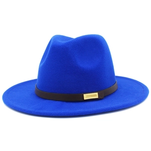 Detail showing the royal blue wool-like fedora hat with brown leather belt and gold buckle