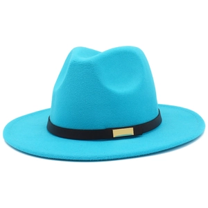 Detail of turquoise felt fedora featuring a slim black leather band and gold buckle