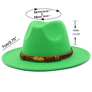 Detail showing dimensions of bright green wool fedora with ethnic braided band