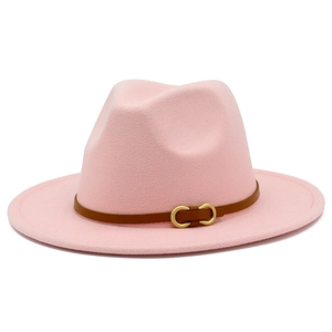 Elegant light pink fedora hat in wool felt with brown leather band and gold buckle detail