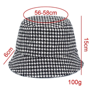 Detailed size chart for houndstooth bucket hat showing 56-58cm head circumference