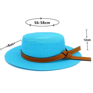 Detail of blue straw sun hat showing 56-58cm head size, 12cm crown, and 8cm brim
