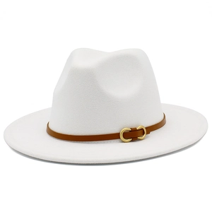 Detail of white felt fedora hat featuring a brown leather band and golden metal buckle