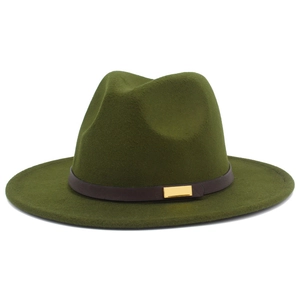 Detail of army green fedora hat featuring a brown leather band and gold buckle
