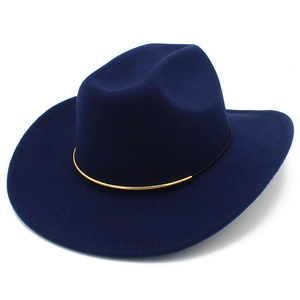Cappello fedora vintage in feltro di lana blu navy con elegante fascia a fibbia dorata