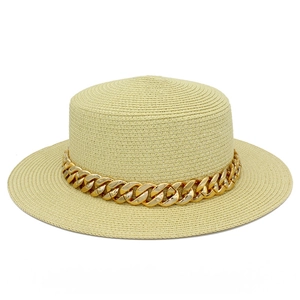 Chapeau de Paille à Bord Plat pour Femme Avec Grosse Chaîne en Métal Doré Protection Solaire Plage Été Voyage Extérieur
