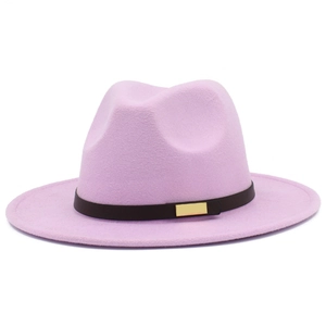 Pink wool felt fedora hat with black belt and gold buckle, stylish unisex jazz hat design