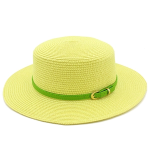 Women Boater Straw Hat Flat Top Wide Brim Sun Hat With Green Leather Belt Metal Buckle Summer Beach Travel Panama Hat