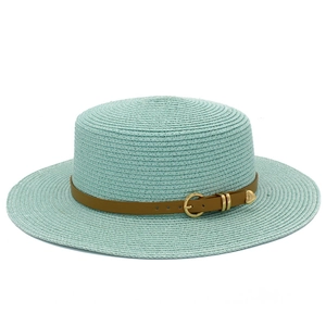 Chic mint green straw boater hat for women with brown leather belt and gold heart buckle