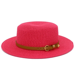 Fuchsia wide brim straw boater hat with brown leather band and gold heart buckle