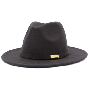 Close-up of wool-like jazz hat with dark brown belt strap and golden metal buckle detail