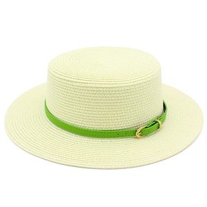 Flat top wide brim straw sun hat in cream with green leather belt and gold buckle