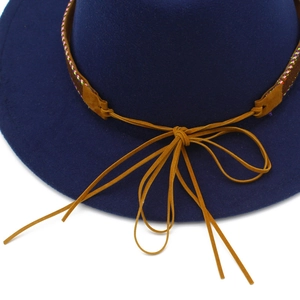 Detailed close-up of dark blue felt fedora with embroidered band and stylish bow tie