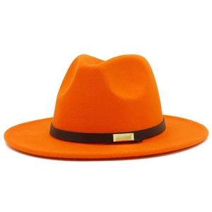 Vibrant orange felt fedora hat with a dark brown band and gold metal buckle detail