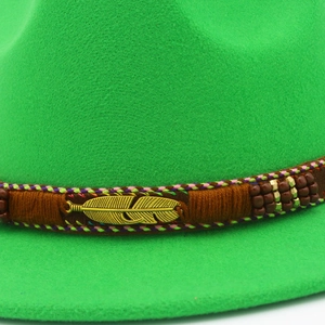 British style wool fedora hat in vibrant green featuring woven band and gold feather charm