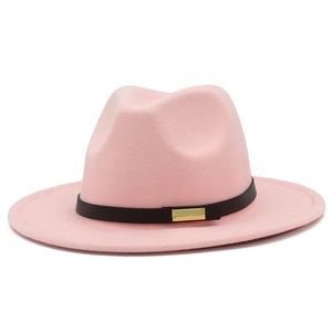 Pink wool felt fedora hat with black belt and gold buckle for men and women