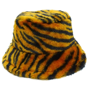 Women Winter Faux Fur Bucket Hat Thick Warm Plush Basin Hat Vintage Tiger Pattern Outdoor Windproof Fashion Travel Hat