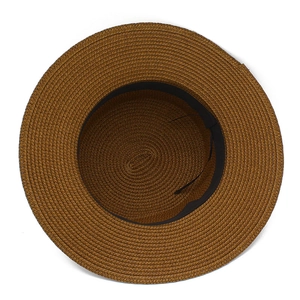 Detail of straw boater hat interior showing the sweatband and adjustable drawstring