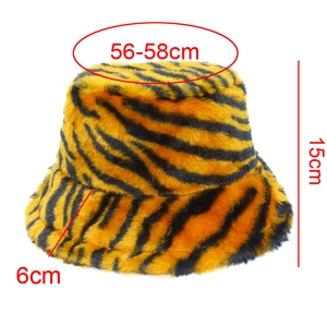 Detailed size chart for plush tiger striped bucket hat with 56-58cm head circumference
