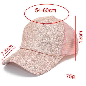Pink sequin baseball cap detail showing dimensions 54-60cm with breathable mesh