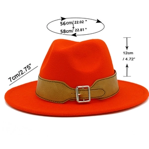 Detailed measurement guide for orange wool fedora hat with size chart and dimensions