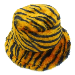 Thick warm plush tiger pattern bucket hat with black and orange faux fur stripes