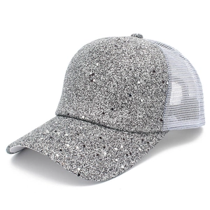 Fashion baseball cap with silver glitter and breathable white mesh back for sun protection