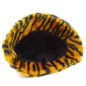 Thick warm faux fur bucket hat with orange tiger stripes and adjustable inner drawstring