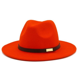 Front view of orange felt fedora hat featuring a black belt with a gold buckle detail