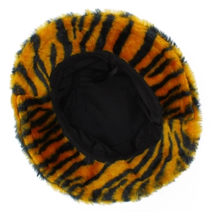 Thick warm winter faux fur bucket hat with stylish orange and black tiger stripe pattern