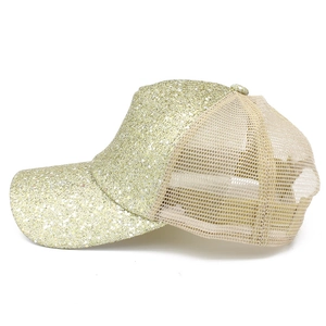 Detail of gold sequins and breathable mesh fabric on this fashion baseball cap