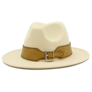 Classic cream fedora wool hat with brown leather band and silver buckle for women and men