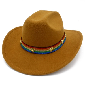 Vue détaillée du chapeau de cowboy en feutre brun avec ruban arc-en-ciel et rivets dorés