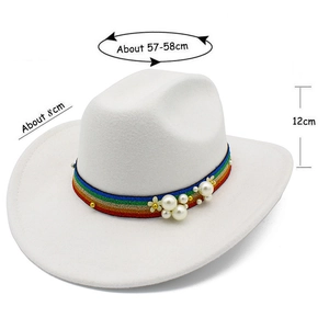 Detail view of white wool fedora with pearl flower trim and specific size measurements