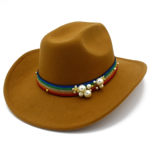 Detail of wool fedora hat featuring rainbow glitter ribbon and faux pearl floral trim